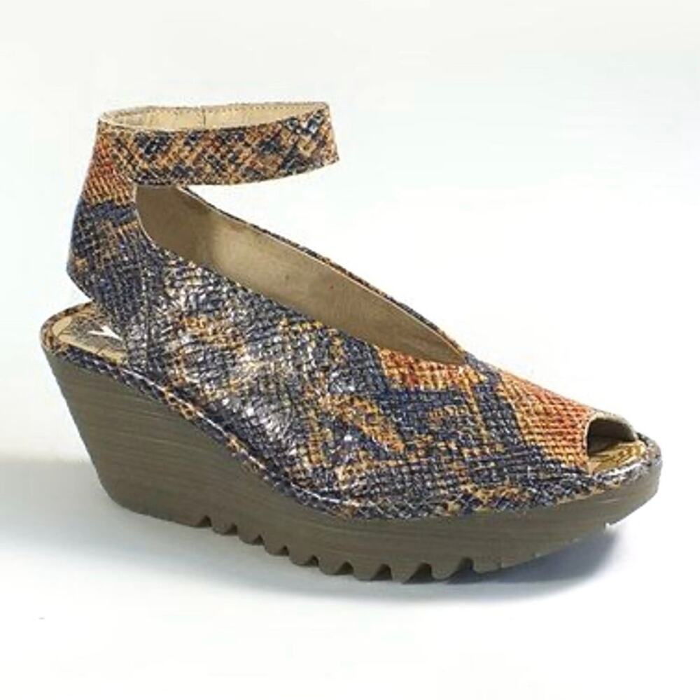Fly London Blue-Brown Snake-Print Ankle-Strap Wedges